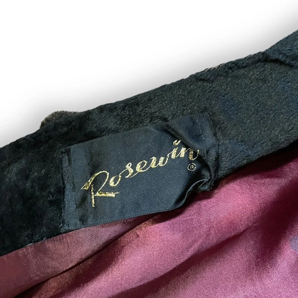 Vintage 60s Rosewin Black Penny Lane Brown Faux Fur Coat Mid Length Jacket